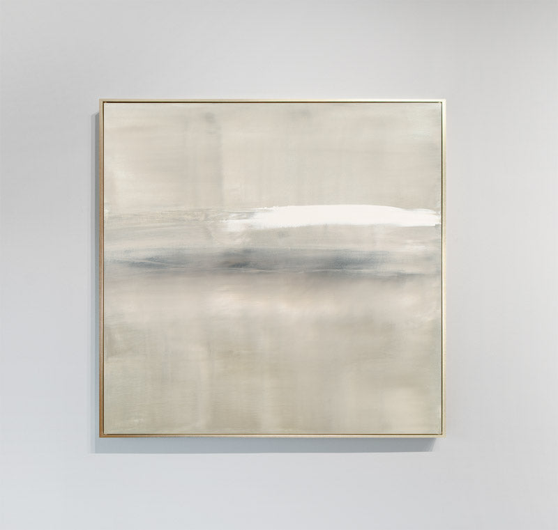 At Dusk by Carol Benson-Cobb, a framed square canvas with layered blue, gray, and cream tones, ideal for modern and sophisticated decor