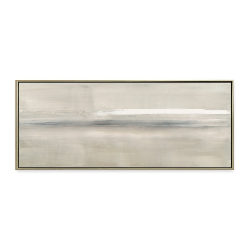 At Dusk by Carol Benson-Cobb, a framed horizontal canvas with layered blue, gray, and cream tones, ideal for modern and sophisticated decor