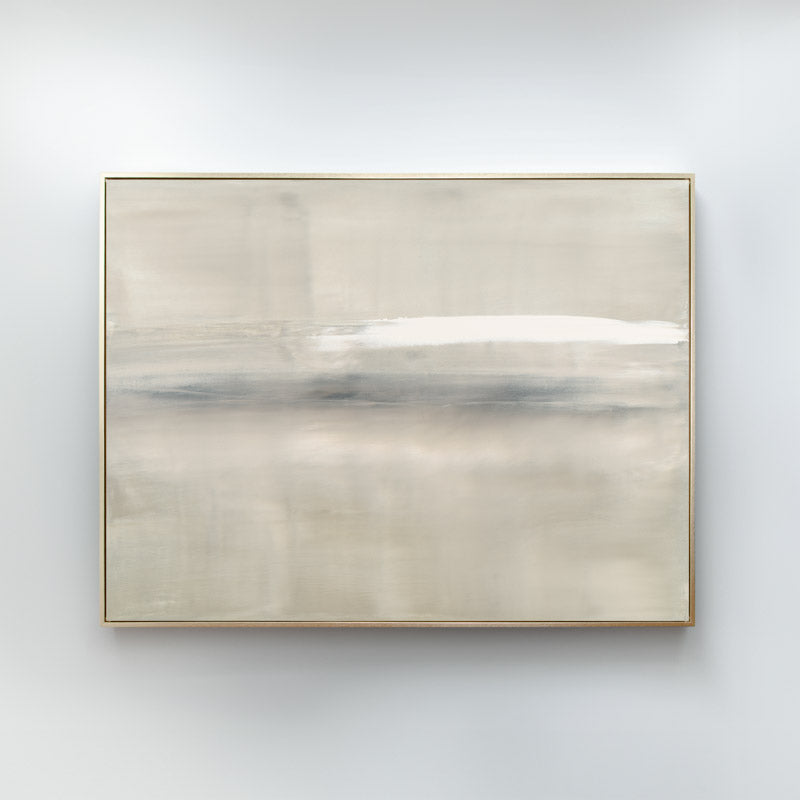 At Dusk by Carol Benson-Cobb, a framed horizontal canvas with layered blue, gray, and cream tones, ideal for modern and sophisticated decor