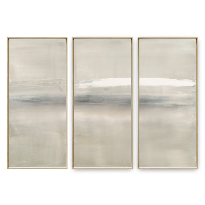 At Dusk by Carol Benson-Cobb, a framed set of three vertical canvases with layered blue, gray, and cream tones, ideal for modern and sophisticated decor