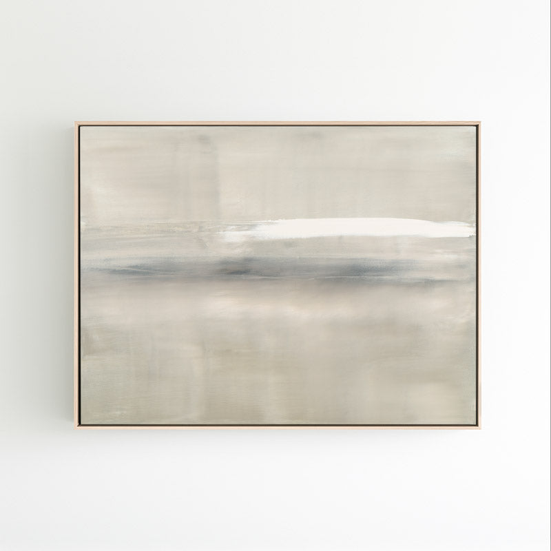 At Dusk by Carol Benson-Cobb, a framed horizontal canvas with layered blue, gray, and cream tones, ideal for modern and sophisticated decor