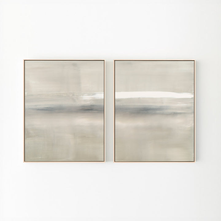 At Dusk by Carol Benson-Cobb, a framed set of two vertical canvases with layered blue, gray, and cream tones, ideal for modern and sophisticated decor