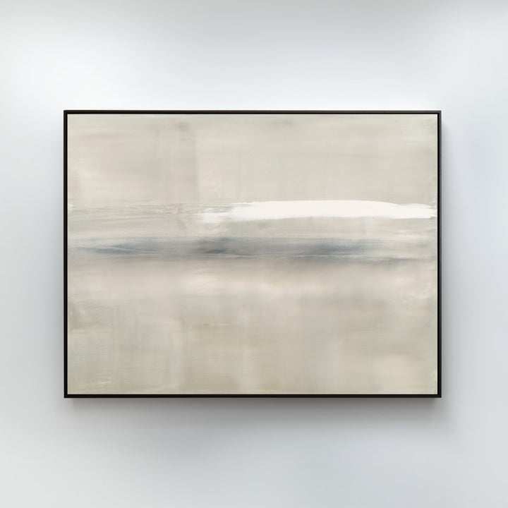 At Dusk by Carol Benson-Cobb, a framed horizontal canvas with layered blue, gray, and cream tones, ideal for modern and sophisticated decor