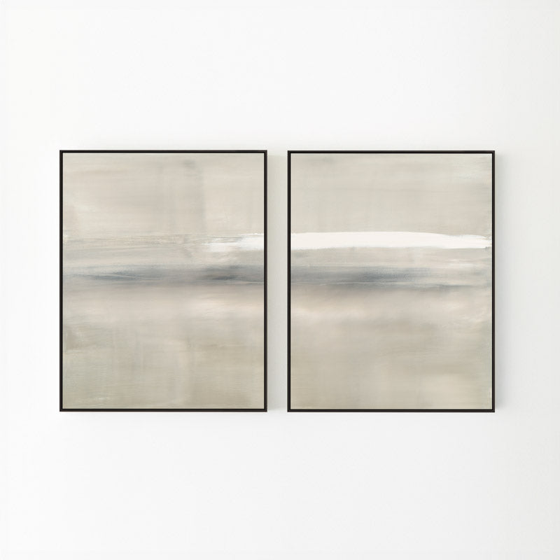 At Dusk by Carol Benson-Cobb, a framed set of two vertical canvases with layered blue, gray, and cream tones, ideal for modern and sophisticated decor