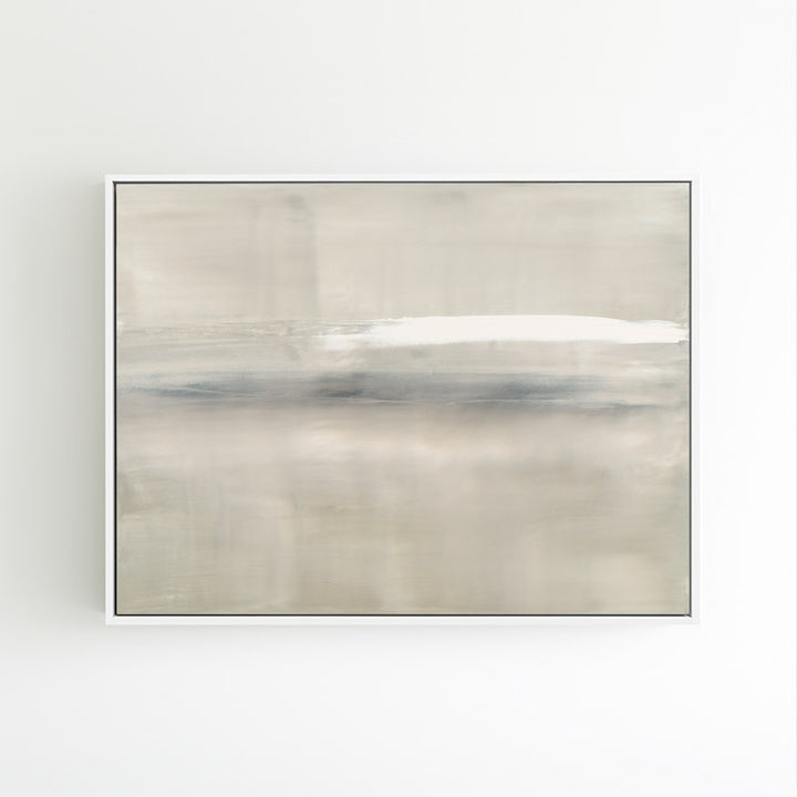 At Dusk by Carol Benson-Cobb, a framed horizontal canvas with layered blue, gray, and cream tones, ideal for modern and sophisticated decor