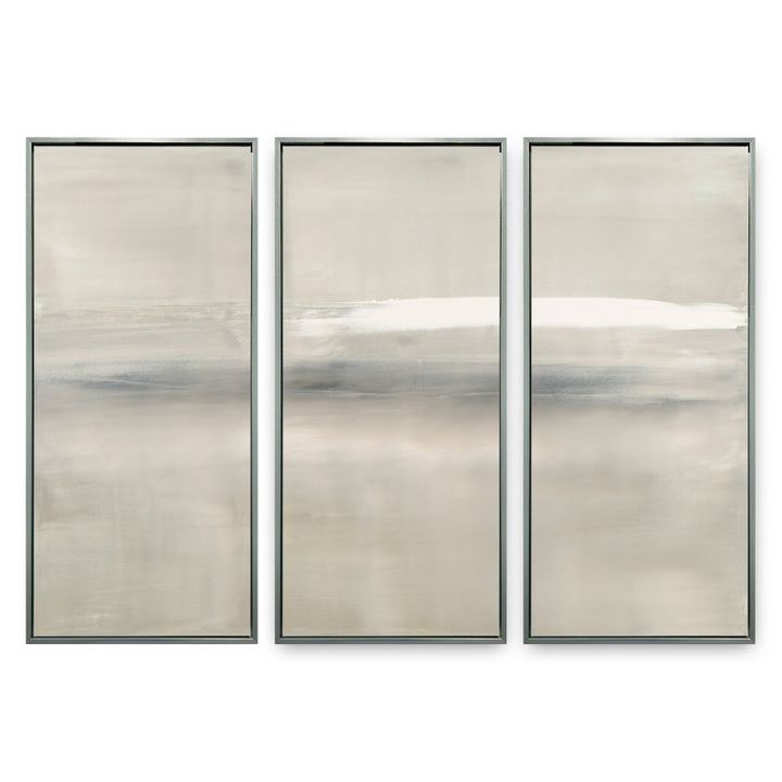 At Dusk by Carol Benson-Cobb, a framed set of three vertical canvases with layered blue, gray, and cream tones, ideal for modern and sophisticated decor