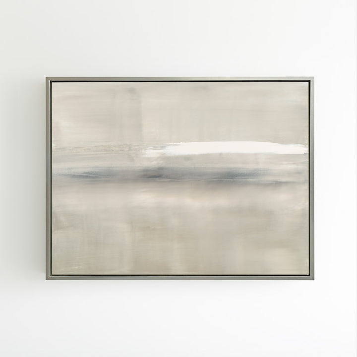 At Dusk by Carol Benson-Cobb, a framed horizontal canvas with layered blue, gray, and cream tones, ideal for modern and sophisticated decor