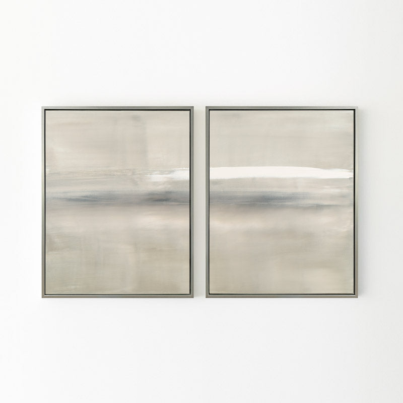 At Dusk by Carol Benson-Cobb, a framed set of two vertical canvases with layered blue, gray, and cream tones, ideal for modern and sophisticated decor