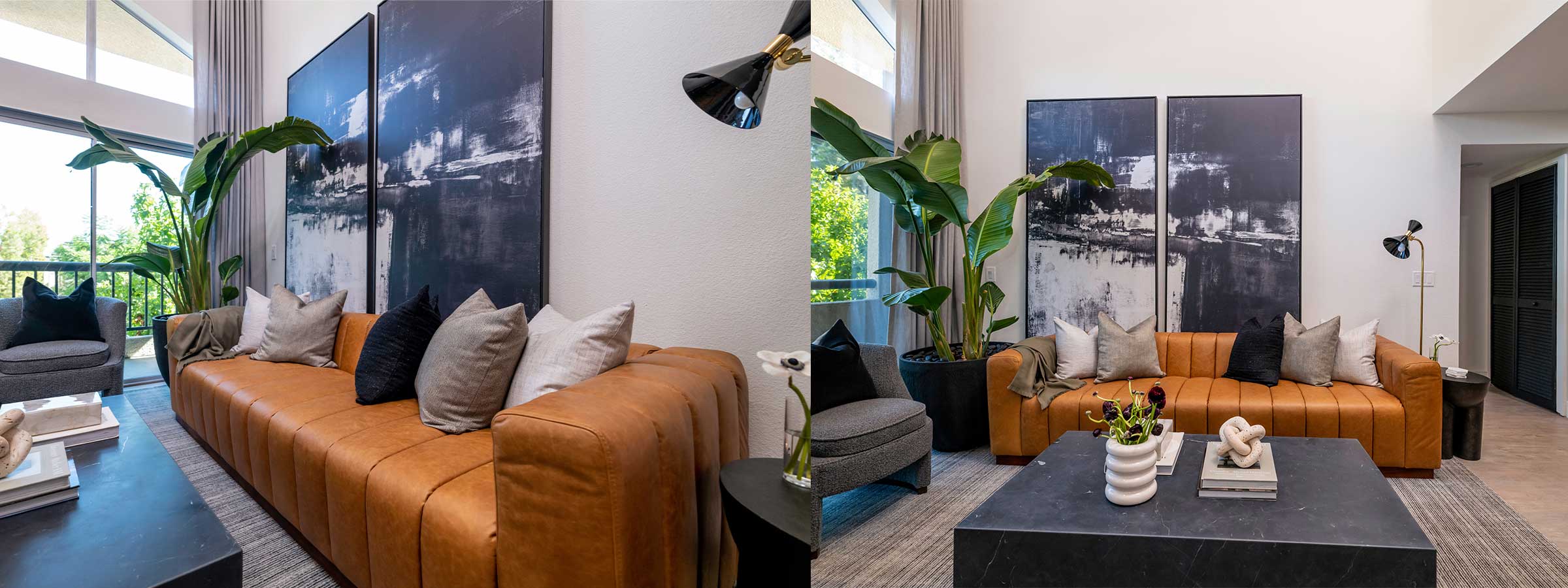 Property Brothers Celebrity I.O.U. Season 3 features a custom 44x100" diptych canvas created for Howie Mandel's manager and friend. The dramatic charcoals create contrast and a focal point for the living room.  